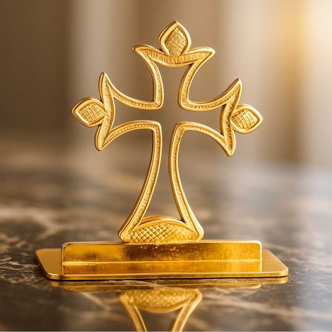 Decorative Car Dashboard Cross Gold-Plated Finish in Brass Ornament, Gold Religious Symbol Display Stand - Image 2