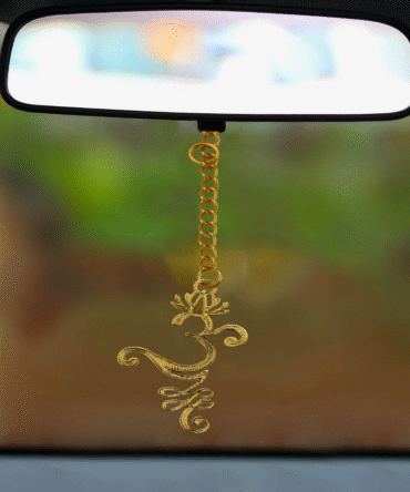 Om Symbol Car Rear View Mirror Hanging Charm, Gold-Tone Chain, Gold-Plated Finish in Brass