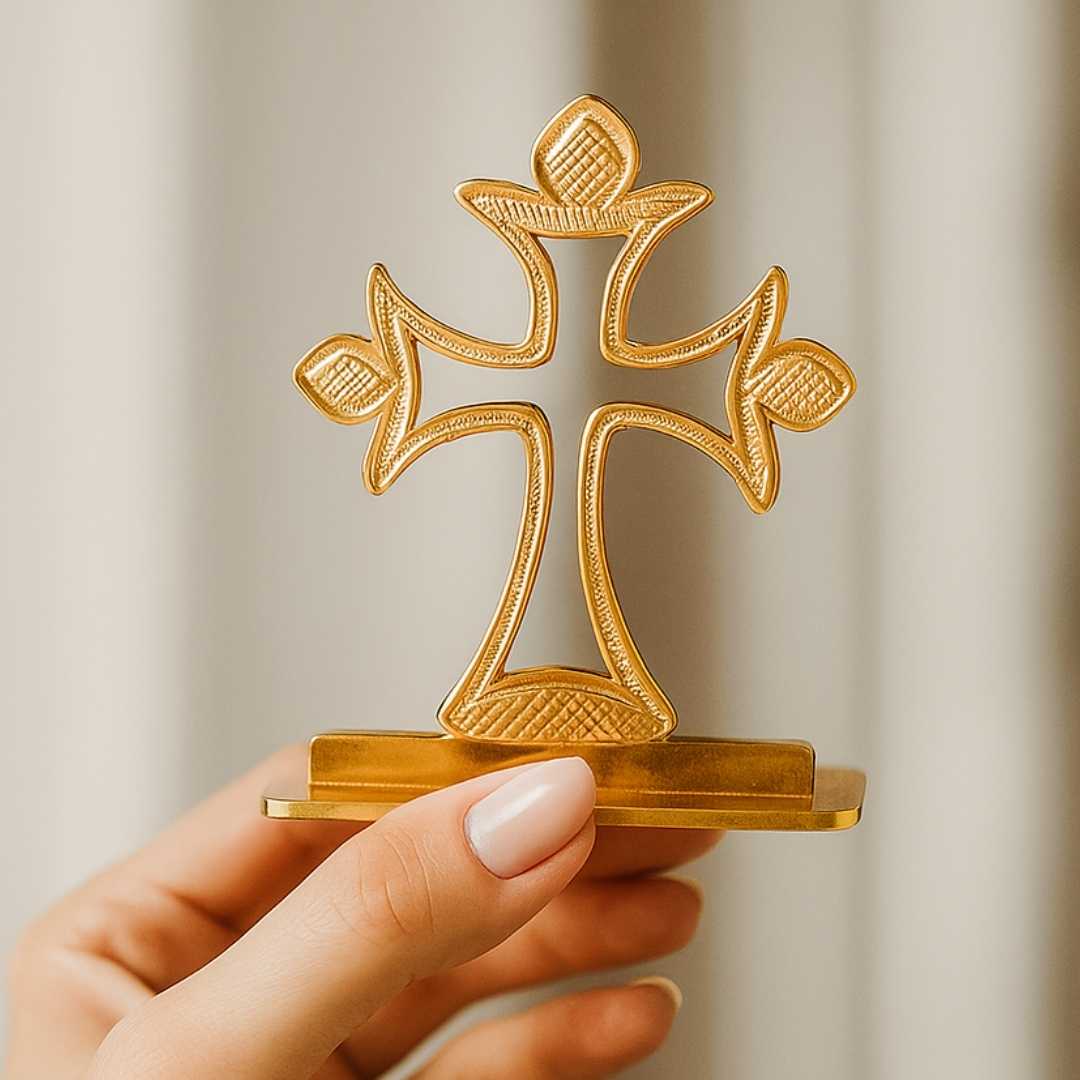 Decorative Car Dashboard Cross Gold-Plated Finish in Brass Ornament, Gold Religious Symbol Display Stand - Image 3