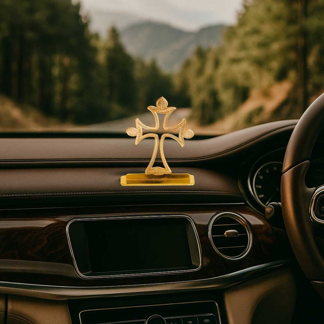 Decorative Car Dashboard Cross Gold-Plated Finish in Brass Ornament, Gold Religious Symbol Display Stand - Image 4