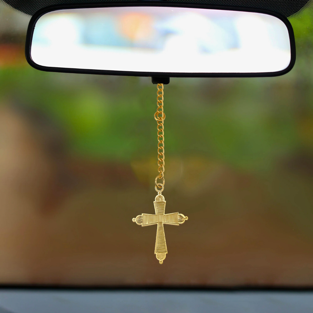 Car Rearview Mirror Cross Pendant, Gold Chain Hanging Religious Ornament, Gold-Plated Finish in Brass