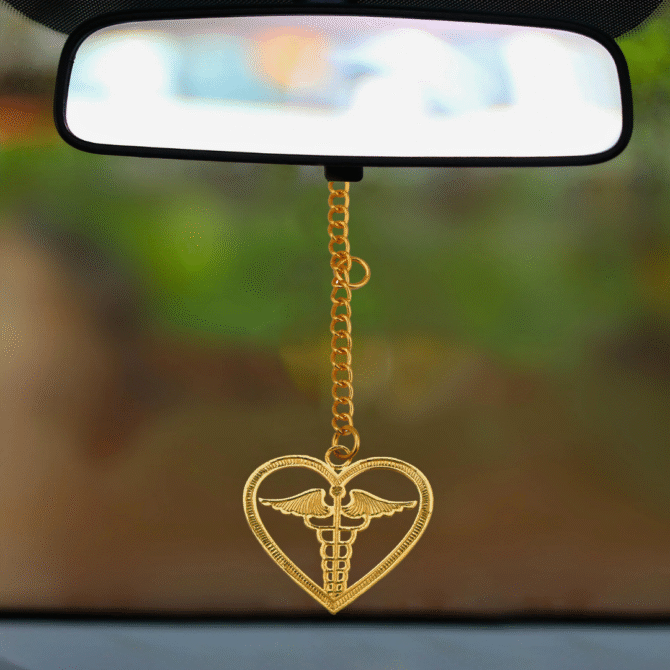 Heart Rearview Mirror Car Hanging Charm, Gold Color Chain Pendant, Gold-Plated Finish in Brass