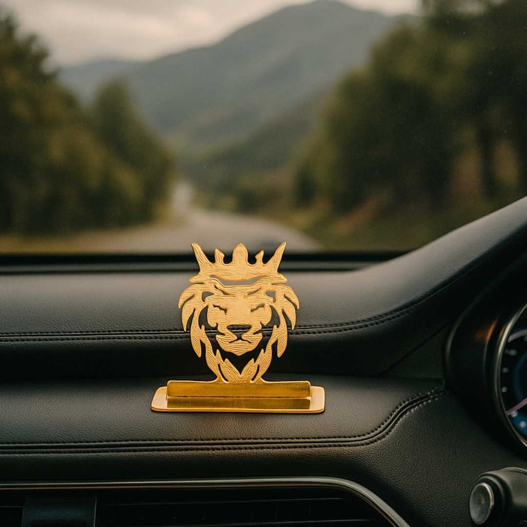 Lion Car Dashboard Ornament Gold-Plated Finish in Brass