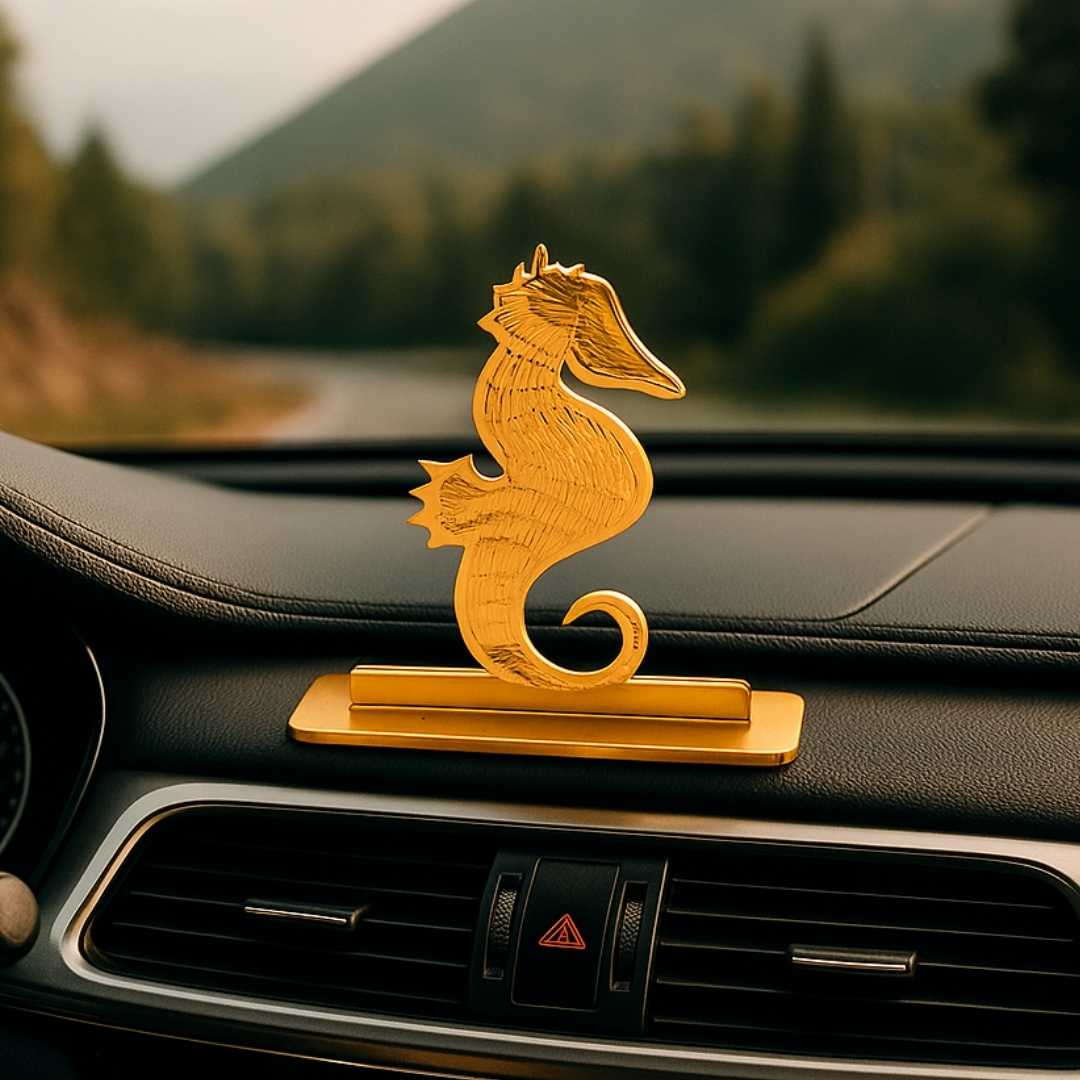 Decorative Seahorse Car Dashboard Ornament, GGold-Plated Finish in Brass