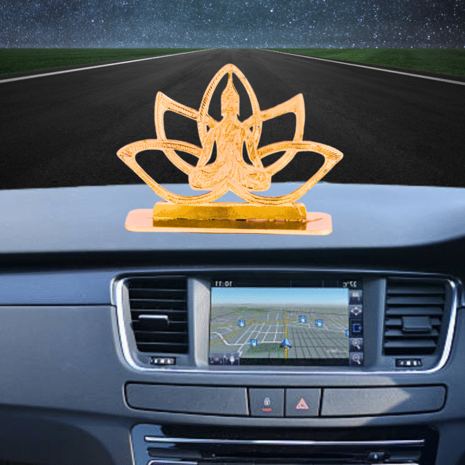 Elita Buddha Design Car Dashboard Decorative Figurine, Gold-Plated Finish Brass, 6 cm
