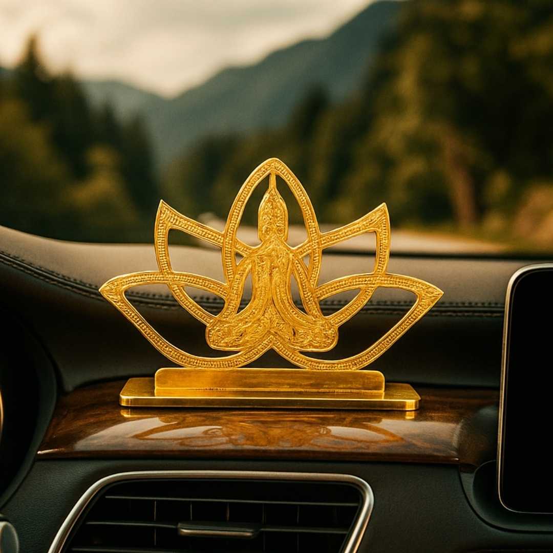 Elita Buddha Design Car Dashboard Decorative Figurine, Gold-Plated Finish Brass, 6 cm