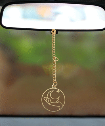 Moon and Stars Car Rear View Mirror Hanging Charm, Gold Chain Pendant, Celestial Design