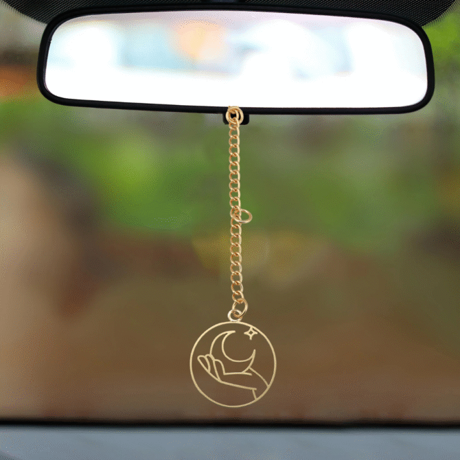 Moon and Stars Car Rear View Mirror Hanging Charm, Gold Chain Pendant, Celestial Design